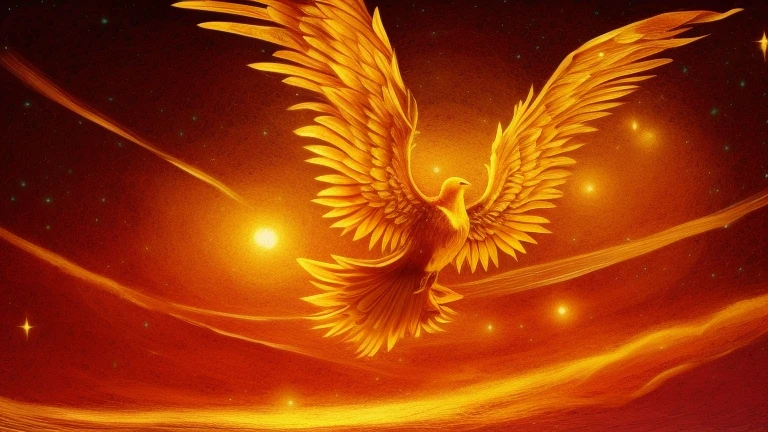 Close-up of a golden bird flying in the sky, Golden Wings, Solarpunk Phoenix, Phoenix Rise, ''Phoenix Wallpapers, ''Phoenix Wallpapers resting, Golden Wings, Phoenix Rise from the ashes, with fiery Golden Wings, phoenix artwork, with fiery Golden Wings of flame, Golden Feather, The background is like heaven, Eagle Wings, phoenix
