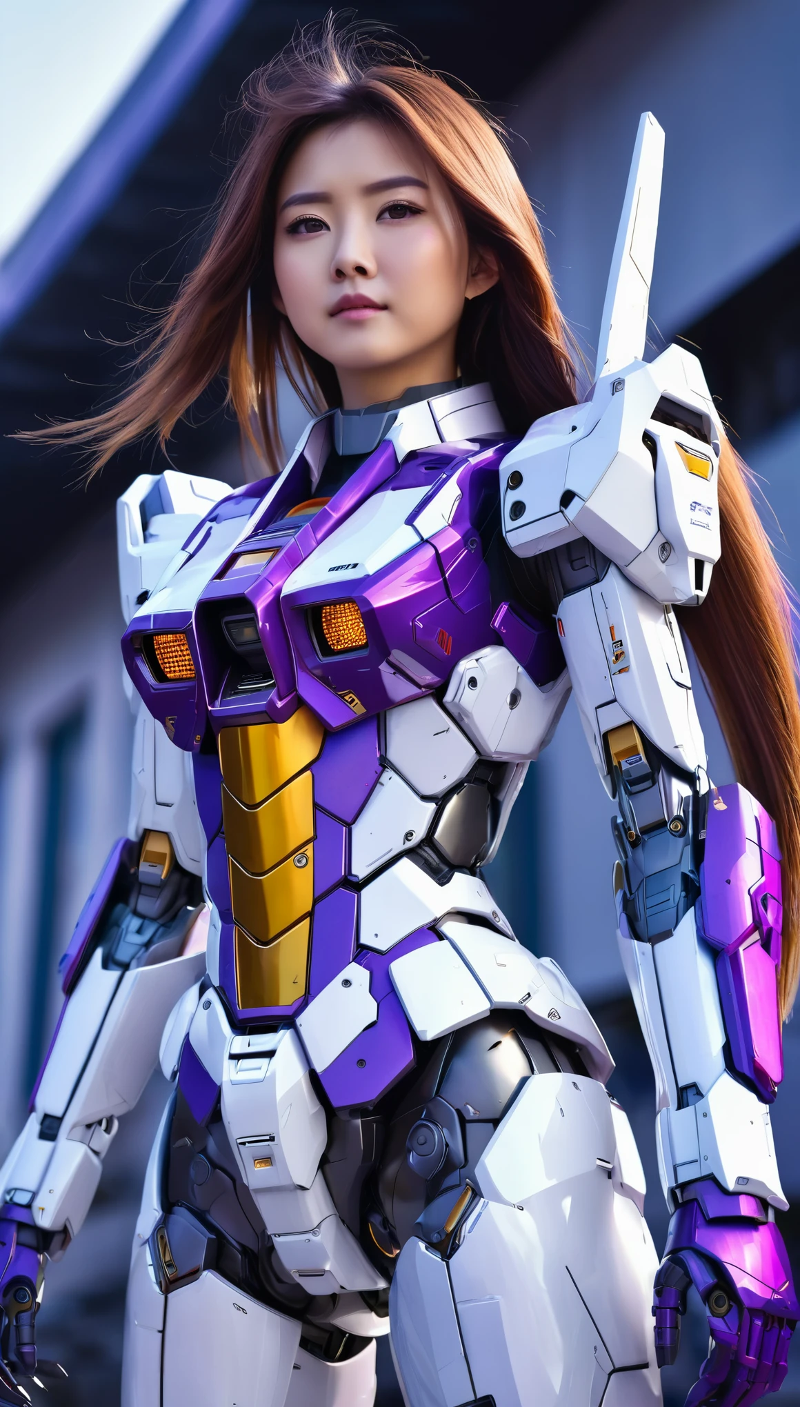 RAW, Masterpiece, Ultra Fine Photo,, Best Quality, Ultra High Resolution, Photorealistic, Sunlight, Full Body Portrait, Stunningly Beautiful,, Dynamic Poses, Delicate Face, wearing a mecha detector glass future transparent neon, Vibrant Eyes, a full body of a woman in a purple and white gundam custume, dybamic pose, long brown very very long hair rapunzel, girl in mecha cyber armor, portrait armored astronaut girl, d. va from overwatch, female mecha, on a gundam, gundam head, chiho aoshima color scheme, mobile suit, streamlined purple armor, fully robotic!! girl, realistic cosplay, gundam armor (dynamic pose) , full body, sit down, full body