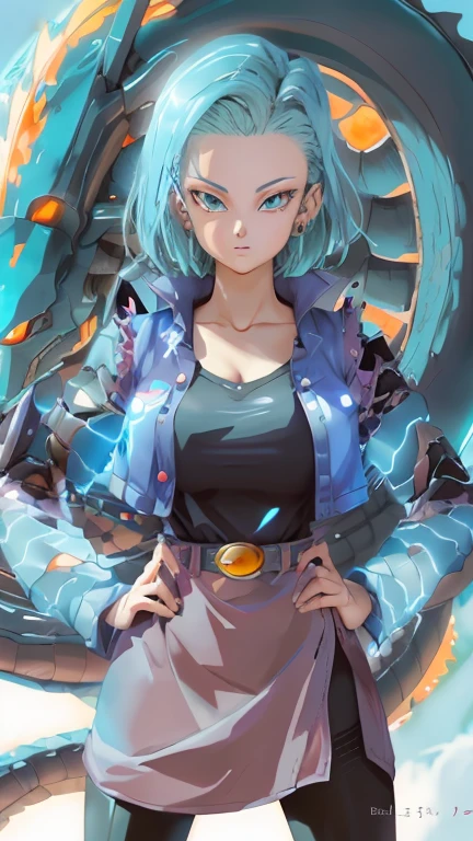 Anime girl with a dragon on her back and blue eyes, Robot 18, saiyan girl, dragon ball art style, Dragon Ball Style, Dragon Ball Z style, 4k comic wallpaper, Dragon Ball concept art, Detailed fan art, Very detailed and beautiful fan art, dragon girl, anime style character, anime style illustration, High-quality fanart, Anime style 4K, anime style artwork,Beautiful breasts、Huge breasts:1.4,Full breasts