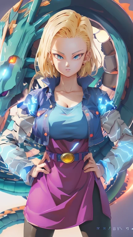 Anime girl with a dragon on her back and blue eyes, Robot 18, saiyan girl, dragon ball art style, Dragon Ball Style, Dragon Ball Z style, 4k comic wallpaper, Dragon Ball concept art, Detailed fan art, Very detailed and beautiful fan art, dragon girl, anime style character, anime style illustration, High-quality fanart, Anime style 4K, anime style artwork,Beautiful breasts、Huge breasts:1.4,Full breasts