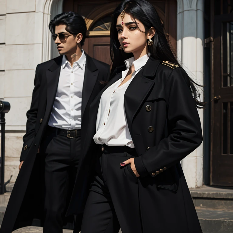 A Indian mafia girl, age 26, dangerous,black long coat with white shirt and black pant.
