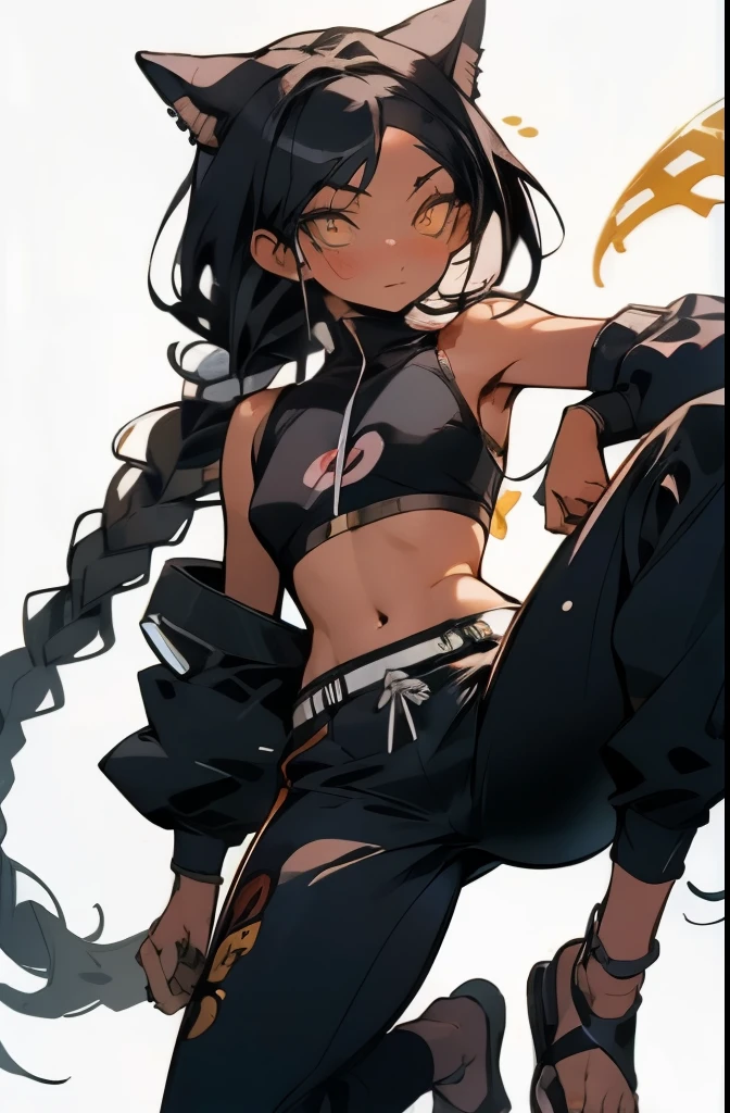 Ninja, , Tan Skin, Dark Skin, Frog Hoodie, Cute, Adorable, long curly black hair with leaf motifs, Japanese traditional sandals, black skin, adult woman, sports pants with exposed hips, hip-hop sporty style, exposes, g-strings line, open top with sports bra, exposes blossom, hips expose, expose waist, dark skin, bandana, expose side hips, naked side hips, black color hair, yellow eyes
