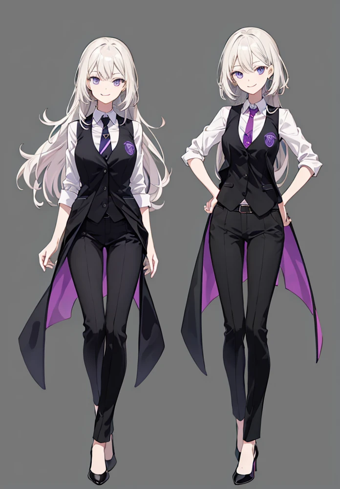 purple,Semi-long hair,woman,bartender,suit,Black vest,Shirt with rolled up sleeves,tie,High heels,,Simple Background,smile,whole body,Full Body,full body,Character portrait,vtuber,upright,,Standing upright with face and body facing forward,