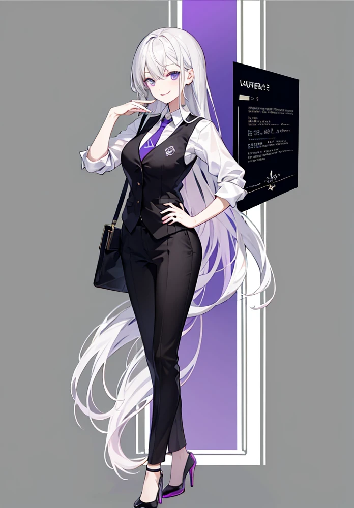 purple,Semi-long hair,woman,bartender,suit,Black vest,Shirt with rolled up sleeves,tie,High heels,,Simple Background,smile,whole body,Full Body,full body,Character portrait,vtuber,upright,,Standing upright with face and body facing forward,
