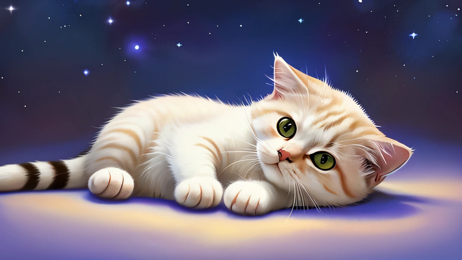 Please draw a picture that meets the following conditions.
The angle of view is a close-up,HD, Disney Pixar style, digital painting, natural lighting, rich background, edge lighting, dreamy color tone, color palette, aspect ratio 16:9This picture depicts a small orange-and-white cat lying peacefully on a cloud that looks like snow, with its eyes closed, as if enjoying a sweet dream. The cat’s expression is very calm and content, with its mouth corners slightly turned up as if it’s smiling. The background of the painting is a dreamlike starry sky, adorned with dangling stars and soft halos, some of which connect with graceful lines to create a quiet and peaceful night atmosphere.The overall style can be described as full of fantasy and fairy-tale colors. The entire image is dominated by warm and bright colors, The use of color is soft and layered; the orange and white cat contrasts sharply with the dark blue and purple background, creating a warm versus cool tone that enhances the snug feel of the picture.presenting a peaceful, warm, and pleasant feeling that makes one’s mood very relaxed and happy after looking at it. In addition, the details of the painting are exquisitely handled, such as the texture of the cat’s fur, the fluffiness of the clouds, and the twinkling starlight, all of which add to the picture’s delicacy and charm.