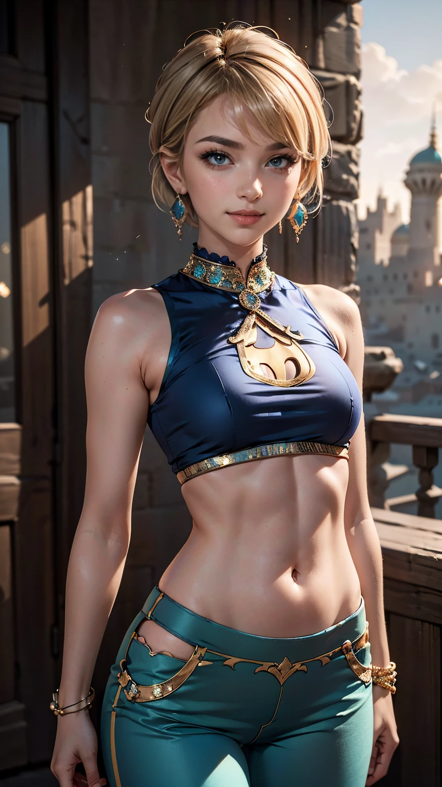 ((最high quality, 8K, masterpiece: 1.3, Ultra HD, high quality, 最high quality, High resolution, realism)) 、25-year-old Caucasian female、blue eyes、long hair、smile、slender、slenderだがアスリートのような細マッチョ、I want my head to stay off screen、Wear accessories on your wrist、Wearing red nail polish、I have a peticure、aerial perspective((atmospheric perspective))、smile((smiley))、background blur((depth of field)、crystal earrings((crystal earrings))、Dark Blonde、Pixie Cut Hair((pixie cut))、Front cutout((front cutout))Wear a top from、Aladdin Pants((aladdin pants))Wear、My abs have a six-pack、I can see the belly button、Mules((mule))Wear