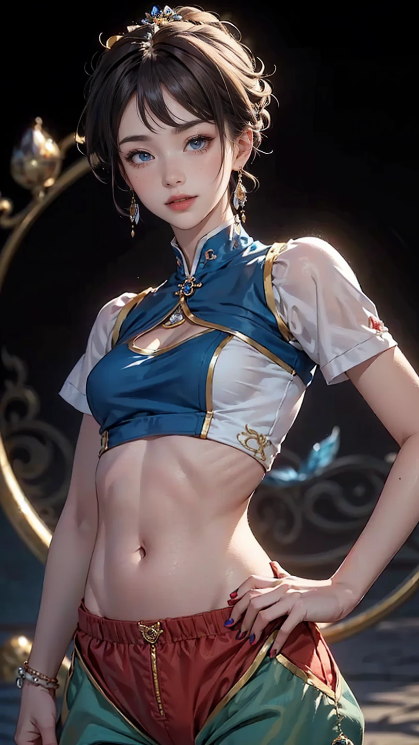 ((最high quality, 8K, masterpiece: 1.3, Ultra HD, high quality, 最high quality, High resolution, realism)) 、25-year-old Caucasian female、blue eyes、long hair、smile、slender、slenderだがアスリートのような細マッチョ、I want my head to stay off screen、Wear accessories on your wrist、Wearing red nail polish、I have a peticure、aerial perspective((atmospheric perspective))、smile((smiley))、background blur((depth of field)、crystal earrings((crystal earrings))、Dark Blonde、Pixie Cut Hair((pixie cut))、Front cutout((front cutout))Wear a top from、Aladdin Pants((aladdin pants))Wear、My abs have a six-pack、I can see the belly button、Mules((mule))Wear