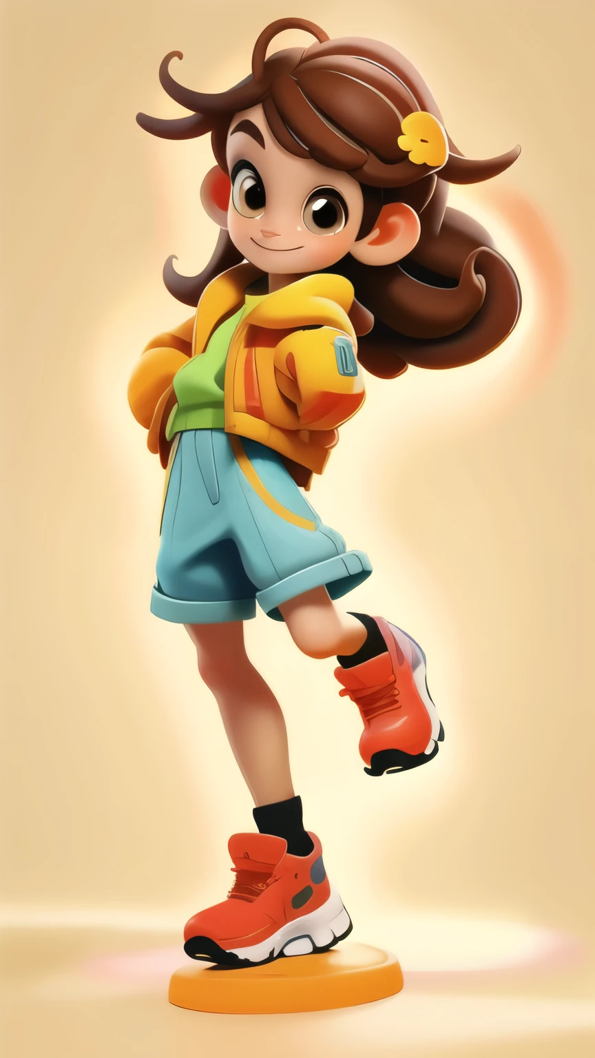 Give me an 8 girl,brown hair,Jumping pose,Casual Clothing,happy,Warm color matching,3d effect,3D Modeling and Rendering,8K quality,detailed skin: 1.3,realistic: 1.2