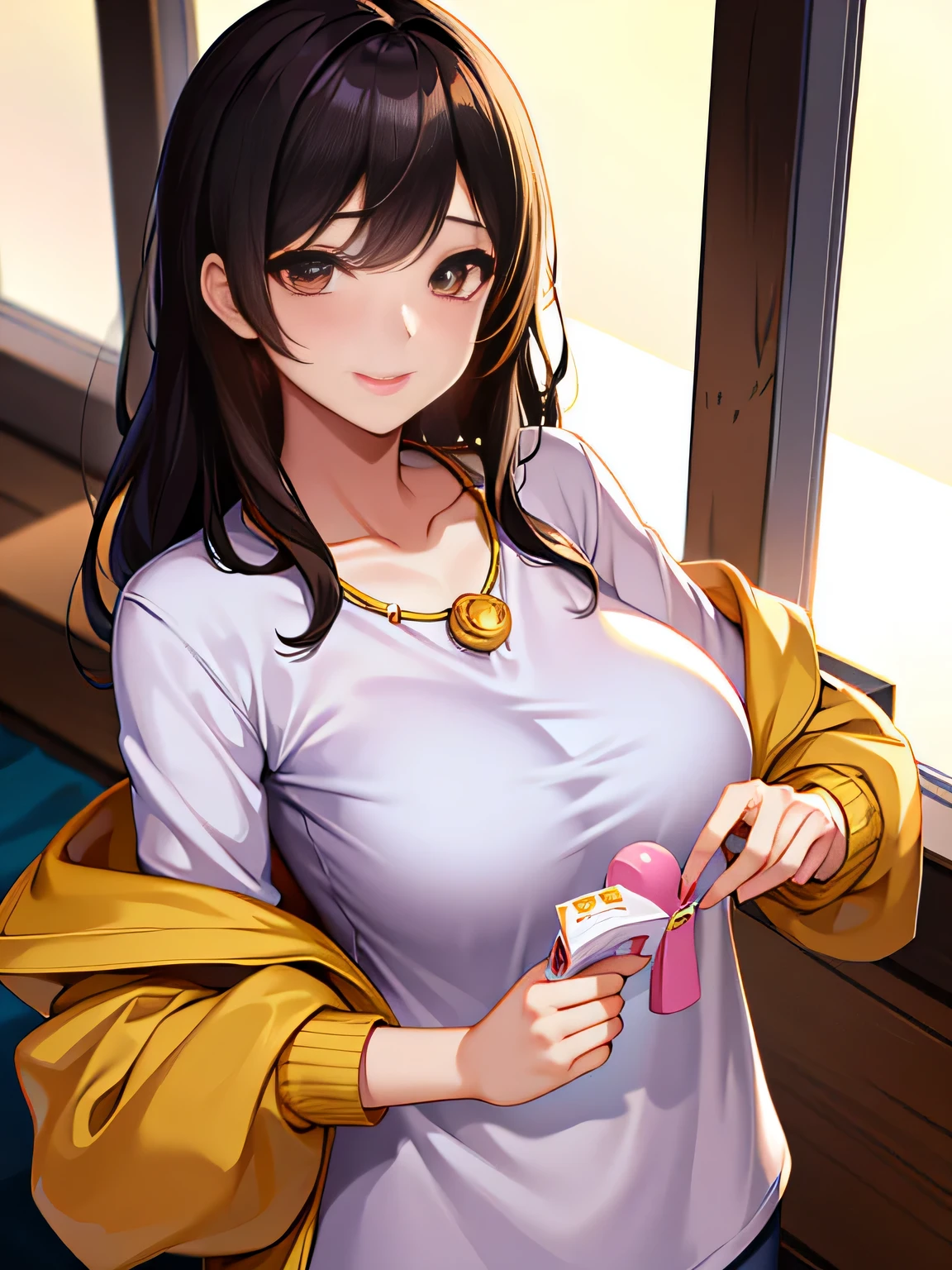 ((highest quality, 8K, masterpiece: 1.3)), concentrated: 1.2, Cute girl 1,nipples erect、Braless walk、 Perfect beauty: 1.4,hoodie: 1.2,Long sleeve、randal color、comics&Text Graphics、Short sleeve pajamas,1.1, Highly detailed face and skin textures, Fine grain, double eyelid, whitening skin, ,highest quality,Ultra-high resolution,you,1 girl,alone,_Shiny_skin,Iris,necklace,((Brown_length_Wavy_hair)),(lips)),eyelash,front hair,deal with,compensate,Shiny,pore,skin texture,big breasts、smiling face、living、