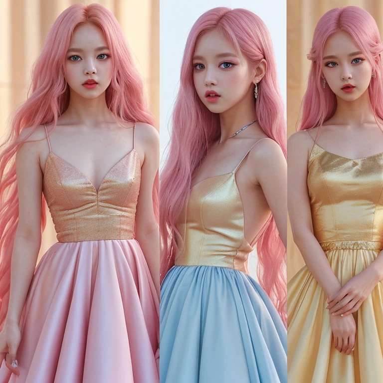 Rose Blackpink, pink long hair, light blue eyes, Golden yellow evening dress