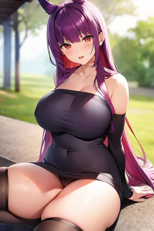 Purple hair, long hair, red eyes, beautiful and well-shaped face, big breasts, firm body, big butt, thick thighs, wide open thighs, crouching, vertical gray vertical sweater, pussy, (Lower body naked), purple pubic hair,