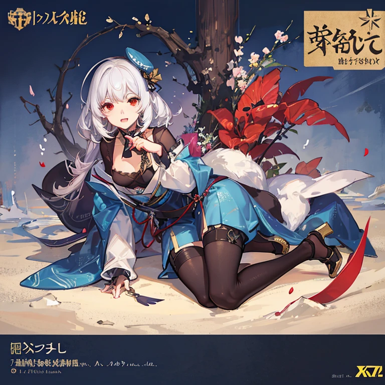 One girl, Fantasy, An illustration, Showa Era, White Hair Girl, Red eyes, blue beret,Flower of the other shore,steampunk,Japan,Red Eyes,bob hair,evening,nightclub market,Character portrait,Small people,Real,Light,stall,full body,character,soldier,dark blue clothes