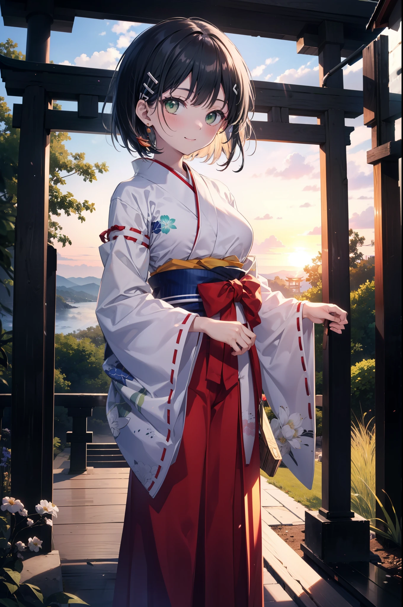 Suguhakirigaya, Suguhakirigaya, (Green Eyes:1.2), hair ornaments, Hair Clip, short hair,blush,smile, Black Hair,Platycodon grandiflorum,Miko, White Kimono, Large sleeves,red hakama,kimono, white foot bag,Zori sandals, Wide sleeves, Long sleeve, Ribbon-trimmed sleeves, evening,sunset,The sun is setting on the horizon,
break looking at viewer, (Cowboy Shot:1. 5)
break indoors,shrine,torii,coastal,
break (masterpiece:1.2), highest quality, High resolution, unity 8k wallpaper, (figure:0.8), (Beautiful fine details:1.6), Highly detailed face, Perfect lighting, Highly detailed CG, (Perfect hands, Perfect Anatomy),