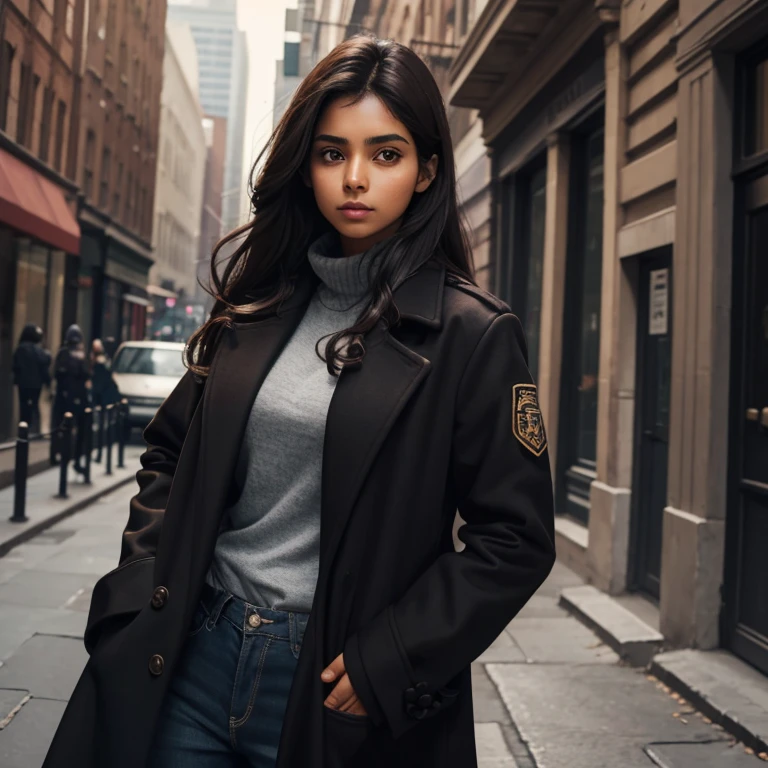 A brown girl, age 24, dangerous, scar on hand, black long coat, one hands in pocket.