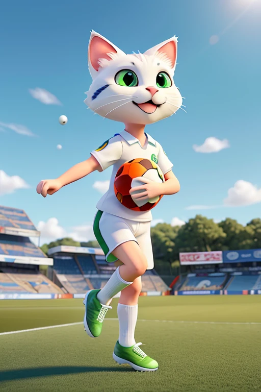 Generate an image of a playful white cat dressed in a vibrant sports uniform, complete with a matching jersey, shorts, and soccer shoes, joyfully kicking a soccer ball on a green field under a sunny sky. Capture the dynamic motion and enthusiasm of the cat as it engages in the game of soccer