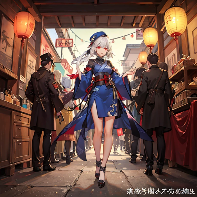 One girl, Fantasy, An illustration, Showa Era, White Hair Girl, Red eyes, blue beret,Flower of the other shore,steampunk,Japan,Red Eyes,bob hair,evening,nightclub market,Character portrait,Small people,Real,Light,stall,full body,character,soldier,dark blue clothes,Like Chinatown,赤いLight,青い反射Light