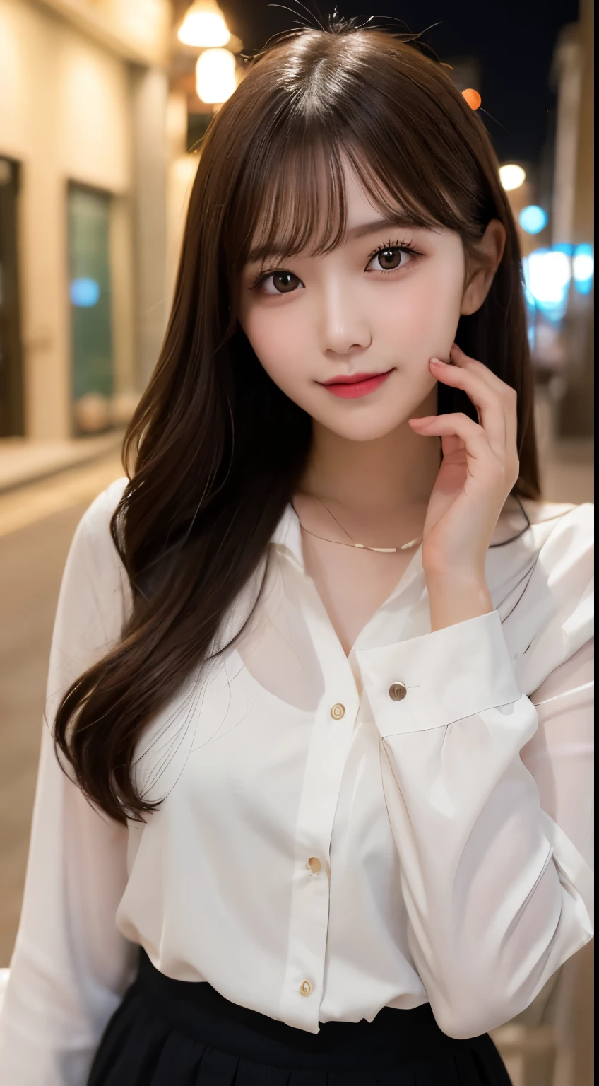 Tabletop, highest quality, shape, Very detailed, finely, High resolution, 8k wallpaper, 完璧なダイナミックな構shape, Beautiful and detailed,ランダムなcute髪,,Natural color lip, bold sexy pose,smile、20-year-old girl、cute、Looking at the camera,Perfect and beautiful face,Slim face and figure,Big eyes、Putting on gal makeup,small face、はにかんだsmile,Sheer white blouse、flare skirt、blurred background、office Street,night mode