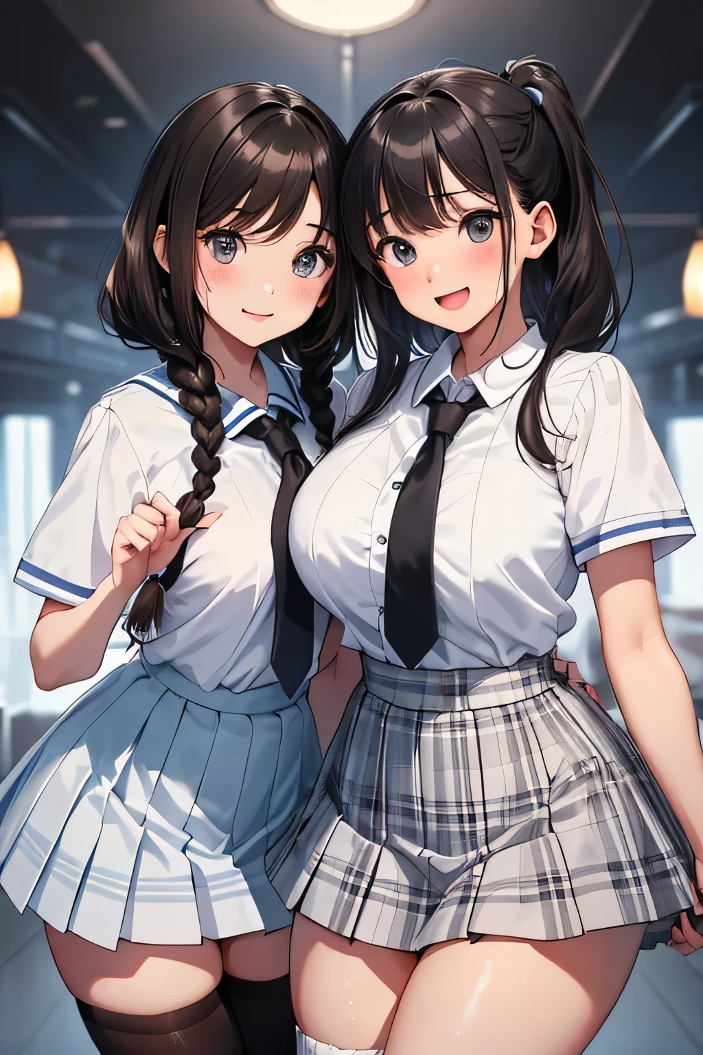 ((highest quality、High resolution、masterpiece))、(((2girls))), Portrait、A beautiful woman、Perfect body、beautiful ample breasts、classroom、high school girl、Sailor suit、Embarrassed、No panties、((I&#39;ll lift my skirt and show you my pussy))、Love juice、I&#39;m tempting you