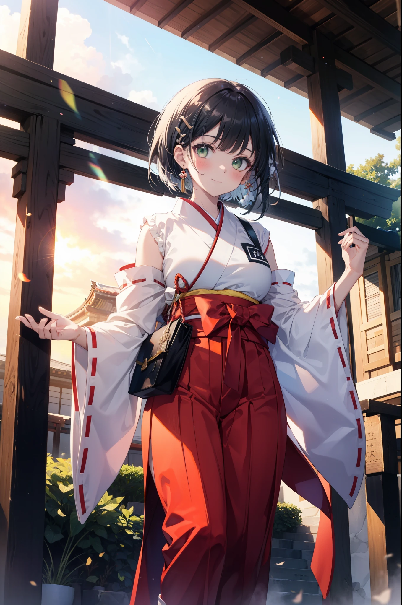 Suguhakirigaya, Suguhakirigaya, (Green Eyes:1.2), hair ornaments, Hair Clip, short hair,blush,smile, Black Hair,Platycodon grandiflorum,Miko, White Kimono, Large sleeves,red hakama,kimono, white foot bag,Zori sandals, Wide sleeves, Long sleeve, Ribbon-trimmed sleeves, evening,sunset,The sun is setting on the horizon,
break looking at viewer, (Cowboy Shot:1. 5)
break indoors,shrine,torii,coastal,
break (masterpiece:1.2), highest quality, High resolution, unity 8k wallpaper, (figure:0.8), (Beautiful fine details:1.6), Highly detailed face, Perfect lighting, Highly detailed CG, (Perfect hands, Perfect Anatomy),