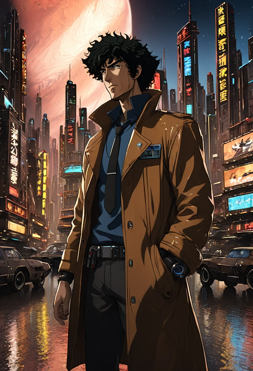 1boy, Spike Spiegel, Cowboy Bebop, brown eyes, smile, black hair, cbbebop, cbbebop spaceship, (best quality,4k,8k,highres,masterpiece:1.2),ultra-detailed,(realistic,photorealistic,photo-realistic:1.37),worn-out,post-apocalyptic,gritty,dark-colored,retro,sci-fi,cyberpunk,anime,neon lights,deserted city,chrome,synthetic materials,weathered leather,sleek spaceships,explosions,looming skyscrapers,vivid colors,futuristic technology,dystopian landscape,moonlit sky,cigarette smoke,detectives in long coats,mystery-filled,elegant jazz music,loneliness and nihilism,pastel colors and sunsets,blurred backgrounds,hard-boiled antiheroes,gritty gunfights,interstellar bounty hunters,dramatic city skylines,stylized visuals of city life,edgy graffiti,expressive facial expressions,action-packed chase scenes,cool and confident characters,retro-futuristic architecture,cinematic camera angles,provocative and thought-provoking compositions