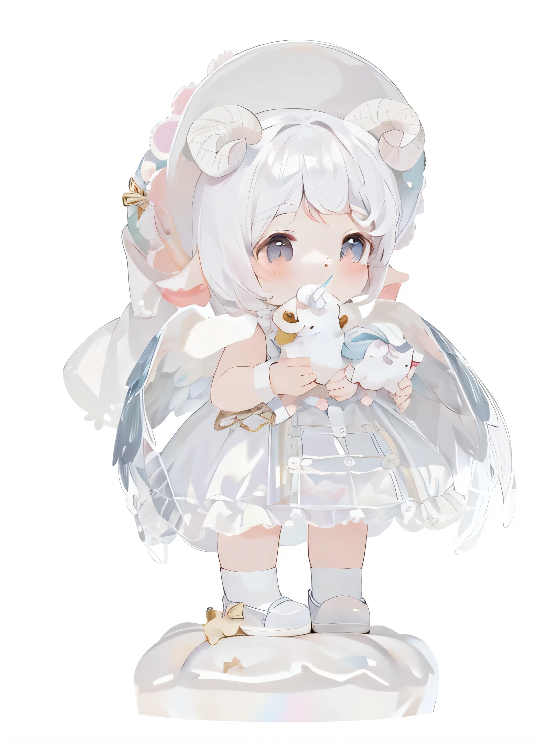 Sheep horns ,lolita cute character, ,,La Rafael, Sheep horns little li girl, 2d,two-dimensional,,celluloid,HD,8K,,,Correct structure ,Q version is very cute,,dress,white skirt,White socks,white leather shoes,Angel white wings,Holding a unicorn,Stepping on the clouds,Correct structure,Unicorn dolls