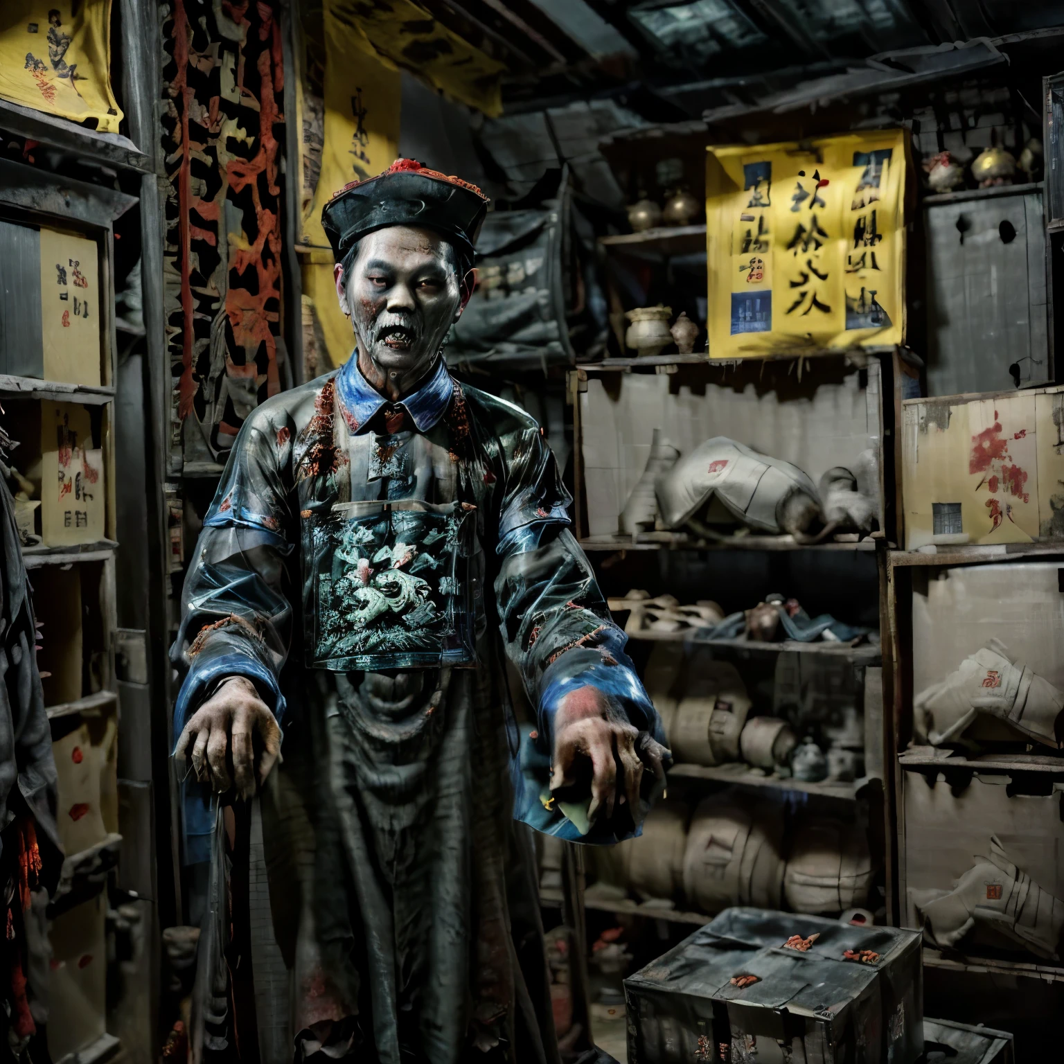 1950's Asia's movie prop room is filled with messy clothes and boxes, including a old terrifying Qing Dynasty zombie (faded and dusty) face like a great grandfather wears Zombies_hat, The dim lighting environment depicts the faint glow of the warehouse. (stills:1.5),((Practical))),((masterpiece), (best quality), 超high resolution, (original photo:1.2), (photoPractical:1.4), Excellent details, Dramatic Lighting, high resolution, 8k, ridiculous,Chinese building, Chinese tower, obsolete, (Chinese_Clear_Zombies:1.5),The color palette is dark and ominous, Create an atmosphere of fear. Asian horror 海报s and traditional Chinese aesthetics.