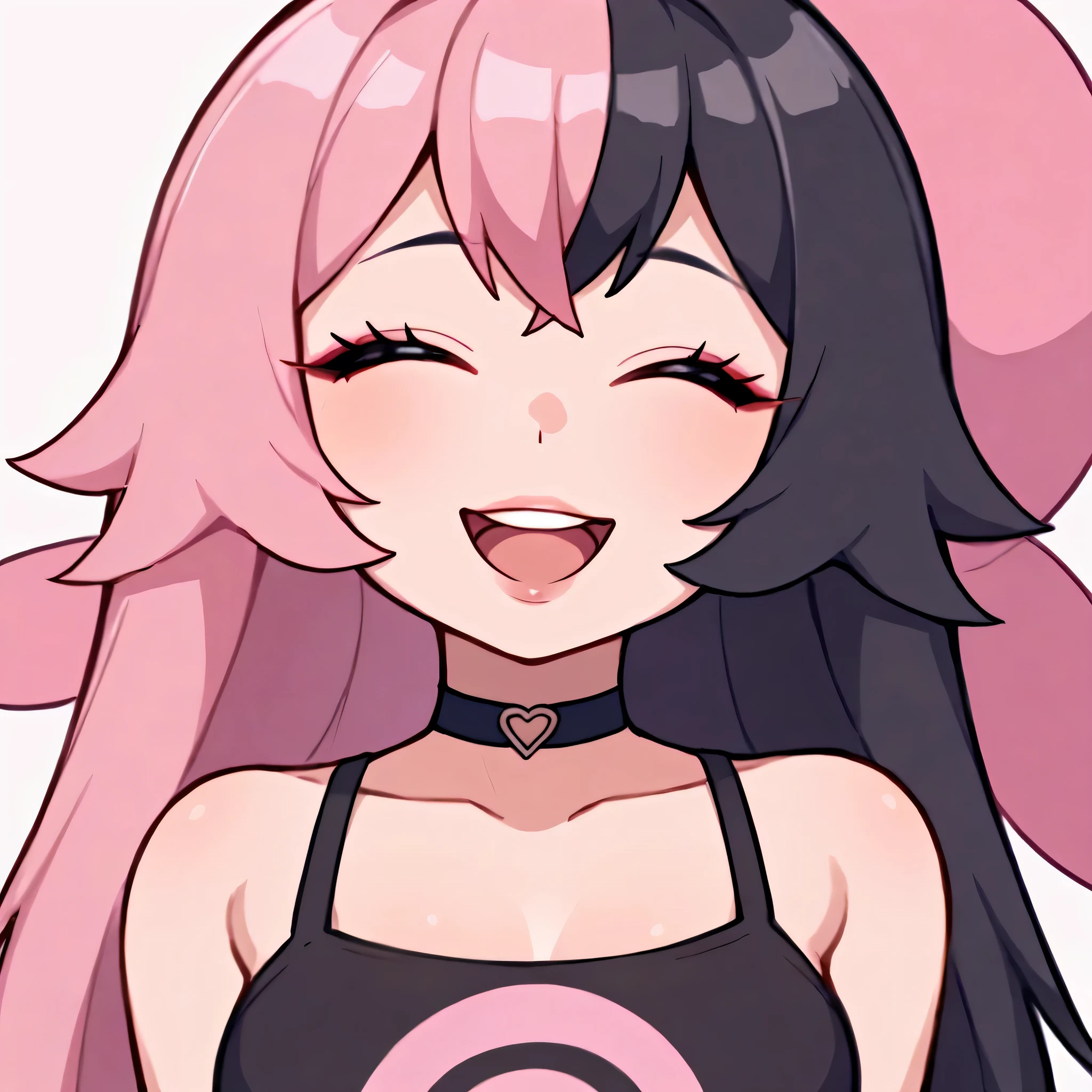 score_9, score_8_up, score_7_up, 1girl, (closeup), ((laugh)), closed eyes, anime waifu, waifu, ((portrait)), illustration, ((2d)), ((curvy)), ((twitch emote)), (((cute face))), ((long hair)), bangs, black pink hair, ((black and pink hair)), ((black hair)), gorgeous purple eyes, big eyes, anime eyes, eyeliner, long lashes, soft and full lips, choker, jewelry, crop top, (Jelly Art Style:0.2), ((anime style:0.8)), (((white background))), twitch emote,