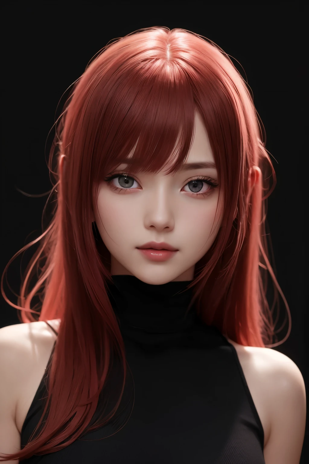 1girl, star eye, blush, perfect illumination, red hair, red eyes, unreal engine, sidelighting, detailed face, bangs, bright skin, simple background, dark background,
