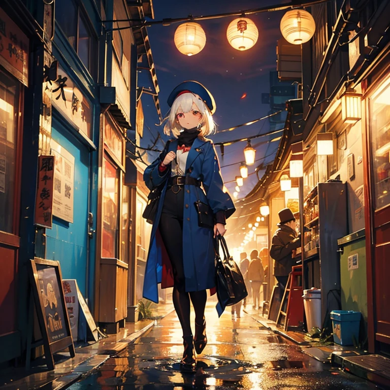 girl, Fantasy, An illustration, Showa Era, White Hair Girl, Red eyes, blue beret,Flower of the other shore,steampunk,Japan,Red Eyes,bob hair,evening,nightclub market,Character portrait,Small people,Real,Light,stall,full body,character,soldier,dark blue clothes,Like Chinatown,赤いLight,青い反射Light