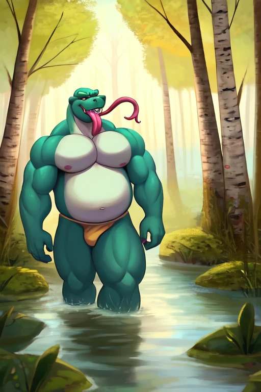 Bara Furry, big pecs, broad shoulders, musclegut, big biceps, anthropomorphic swamp monster, no discernable species, fictional species, fantastical species, inhabiting a swamp in a birch forest, resembles a dragon, resembles an anaconda, resembles an snapping turtle, soft colors, vivid colors, pastel colors, soft shading, long tongue, forked tongue, large tongue, thick tongue, open maw, sharp fangs, sticking tongue out, facing viewer, walking towards viewer, crotch obscured by water
