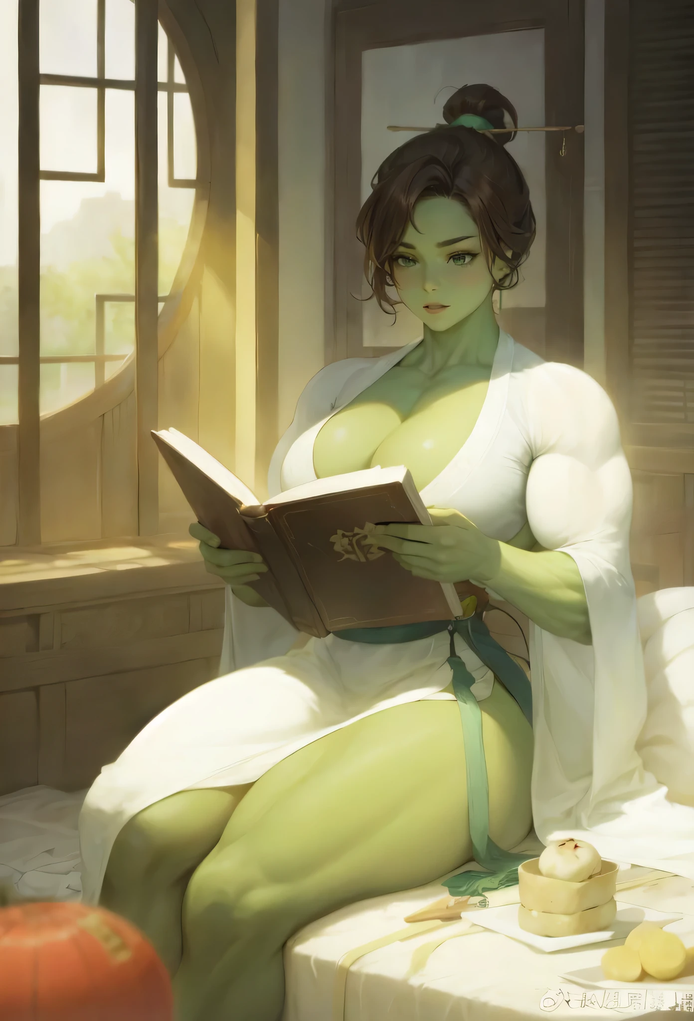 best quality, masterpiece, hulk girl,beautiful girl,, (green skin),biceps,muscular female, alternate muscle size,brown hair,,,pecs, muscular thighs,window, Chinese hair style, hanfu, reading