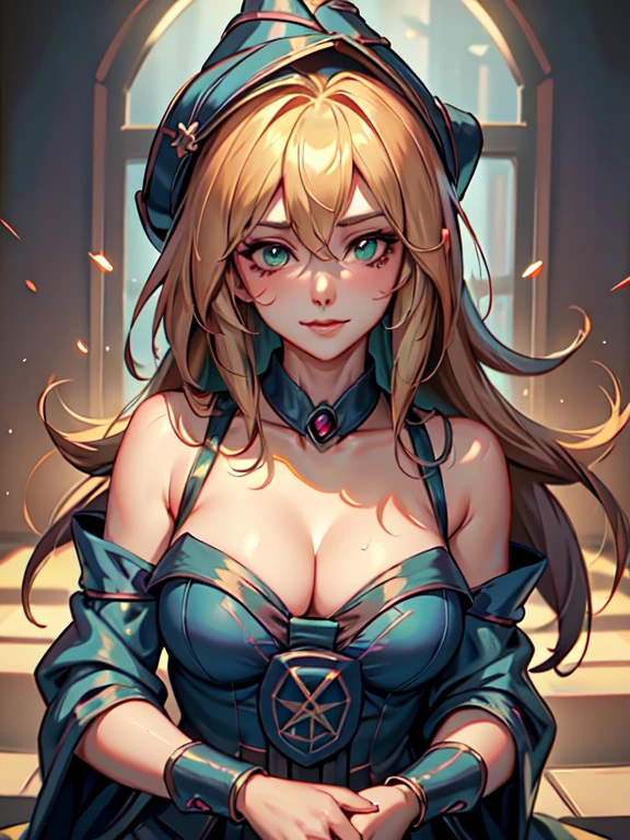 master piece,best quality,ultra detailed,8k,
ambient light,realistic skin,glossy skin,break、
（dark magician girl, duel monster, blush stickers, blonde hair, green eyes, long hair, breasts, blush, bangs, large breasts, hair between eyes, pentacle, pentagram, hat, dress, cleavage, bare shoulders, collarbone, choker, blue headwear, wizard hat, bracer, detached sleeves;）、break、
A realistic depiction of a person trapped inside a glass bottle, 、（lie face down：1.3）、（the body is very wet：1.5）、yukata、Glossy lips、Slightly emphasize the lower lip、A refreshing smile、emphasizing the cleavage、