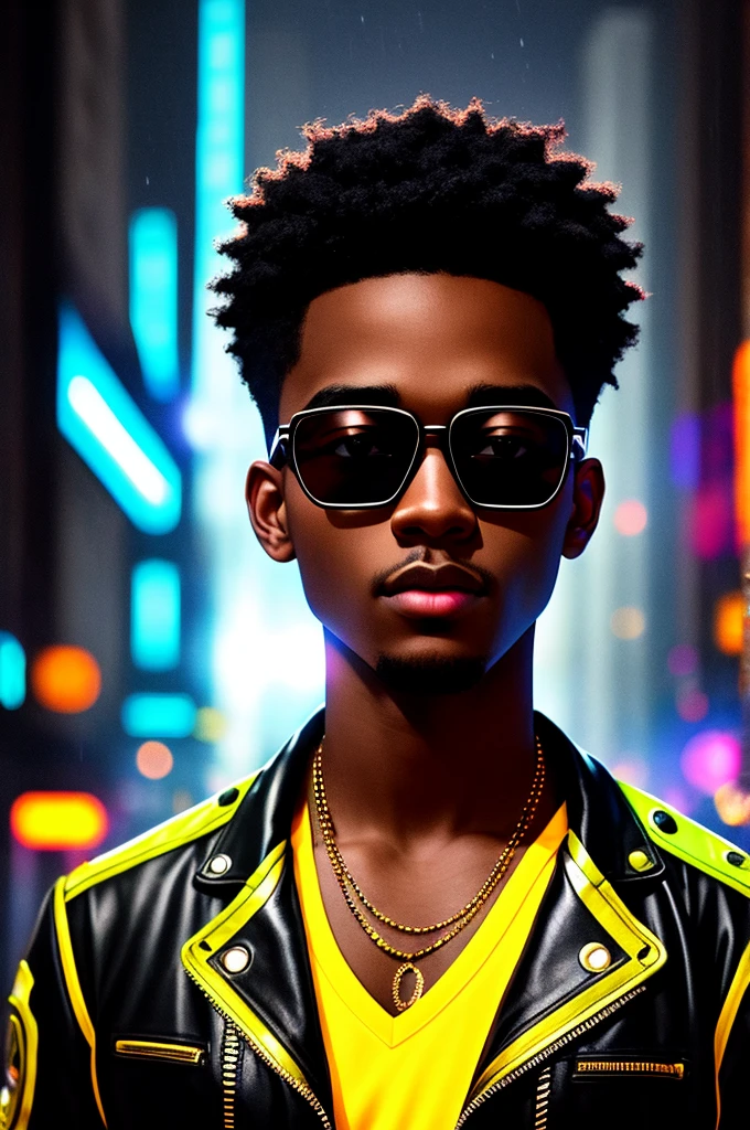 An award-winning masterpiece photo of a young black man with cyborg black hair with psychedelic colors standing on a city street at night in the rain, wearing neon-colored bright glasses, 8k, (high quality: 1.1), (cinematic feel: 1.1), dark and deep shadows, incredibly intricate detailing, art, (up close: 1.1), from above, looking at the observer, (bright: 1.1), (chromatic aberration,: 1.2) background with floating light artifacts