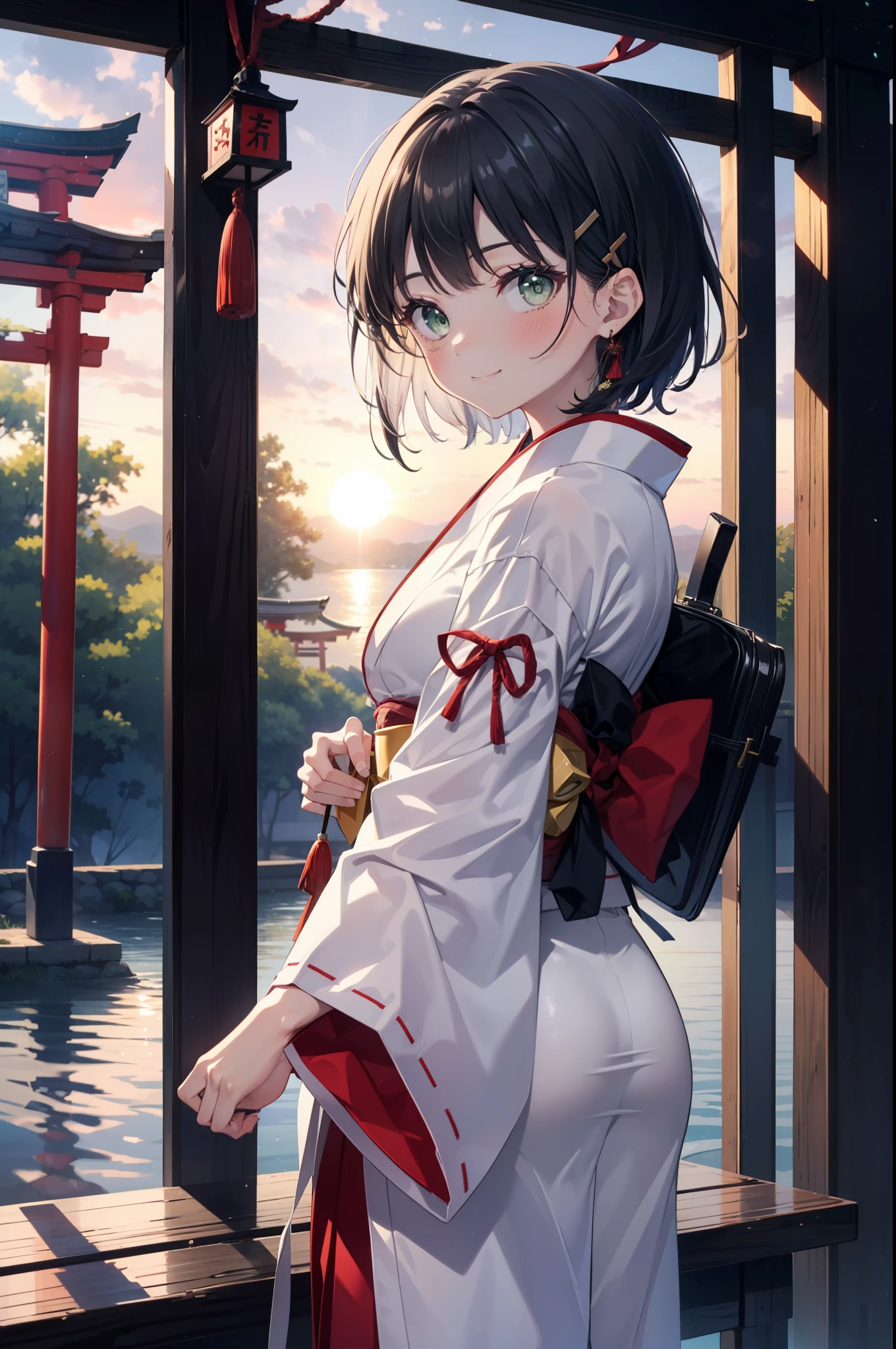 Suguhakirigaya, Suguhakirigaya, (Green Eyes:1.2), hair ornaments, Hair Clip, short hair,blush,smile, Black Hair,Platycodon grandiflorum,Miko, White Kimono, Large sleeves,red hakama,kimono, white foot bag,Zori sandals, Wide sleeves, Long sleeve, Ribbon-trimmed sleeves, evening,sunset,The sun is setting on the horizon,
break looking at viewer, (Cowboy Shot:1. 5)
break indoors,shrine,torii,coastal,
break (masterpiece:1.2), highest quality, High resolution, unity 8k wallpaper, (figure:0.8), (Beautiful fine details:1.6), Highly detailed face, Perfect lighting, Highly detailed CG, (Perfect hands, Perfect Anatomy),