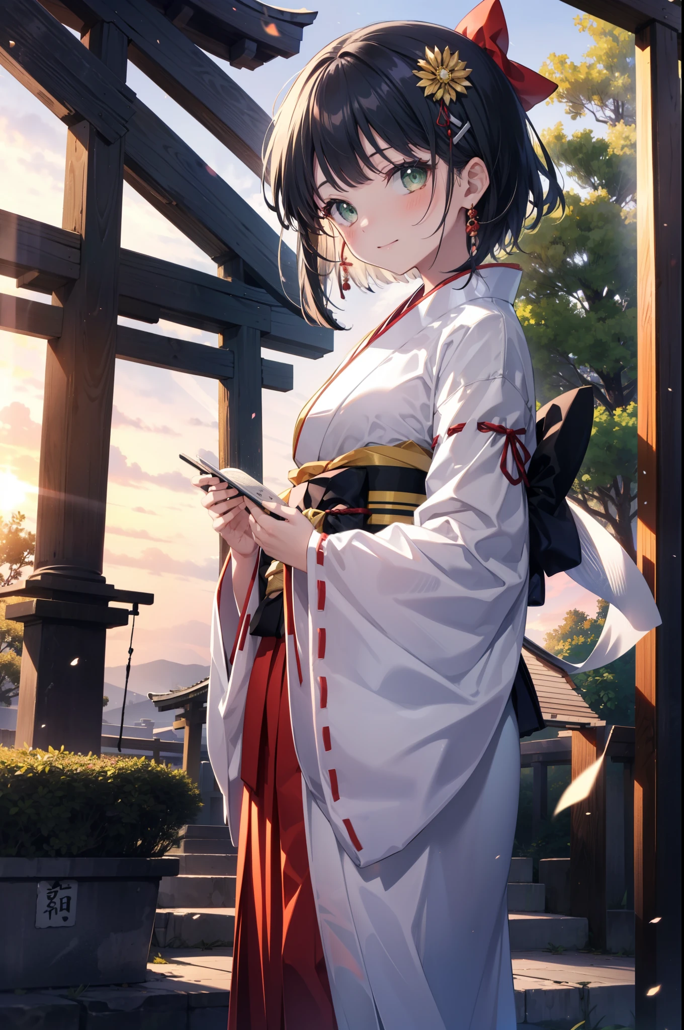 Suguhakirigaya, Suguhakirigaya, (Green Eyes:1.2), hair ornaments, Hair Clip, short hair,blush,smile, Black Hair,Platycodon grandiflorum,Miko, White Kimono, Large sleeves,red hakama,kimono, white foot bag,Zori sandals, Wide sleeves, Long sleeve, Ribbon-trimmed sleeves, evening,sunset,The sun is setting on the horizon,
break looking at viewer, (Cowboy Shot:1. 5)
break indoors,shrine,torii,coastal,
break (masterpiece:1.2), highest quality, High resolution, unity 8k wallpaper, (figure:0.8), (Beautiful fine details:1.6), Highly detailed face, Perfect lighting, Highly detailed CG, (Perfect hands, Perfect Anatomy),