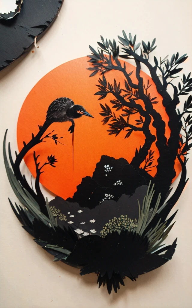 shukezouma, shuimobysim, ((starling)), willow branches, (masterpiece, best quality: 1.2), ((Traditional Chinese ink painting)), model style, bamboo branches, bamboo, wuchangshuo, red, orange, black, fire, starling, bird