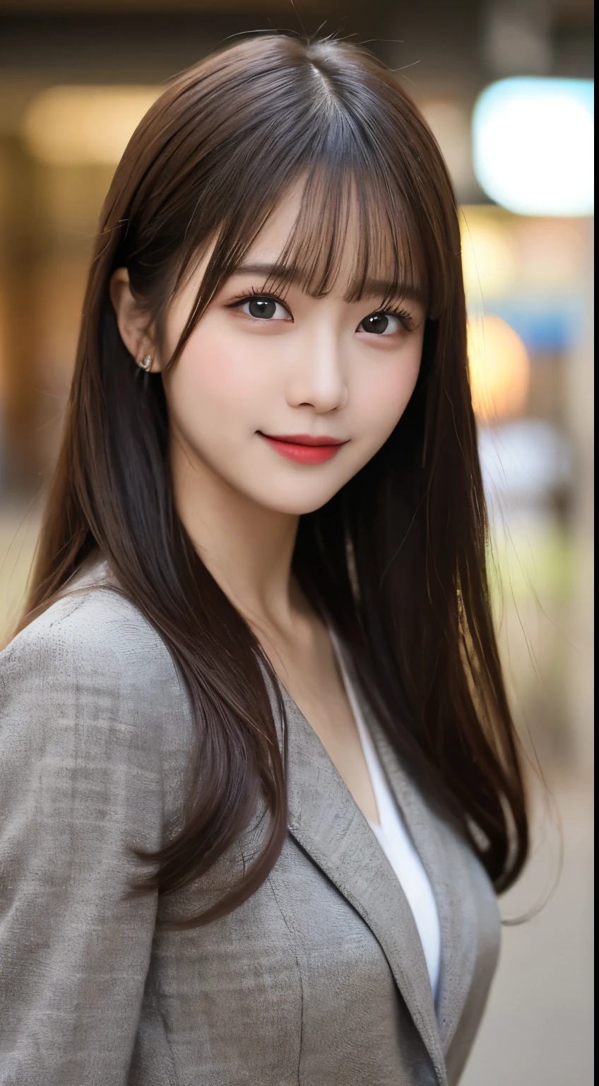 Tabletop, highest quality, shape, Very detailed, finely, High resolution, 8k wallpaper, 完璧なダイナミックな構shape, Beautiful and detailed, Nice spring clothes,Beautiful straight hair,Small breasts,Natural color lip, 20-year-old girl、cute、sexy shot looking at camera,Always blur the background,Perfect and beautiful face、Slim face and figure,Big eyes、Putting on gal makeup,Actual photo(Best image quality)、Sexy Face、Fashion magazine model pose、A shy smile、suit、office Street