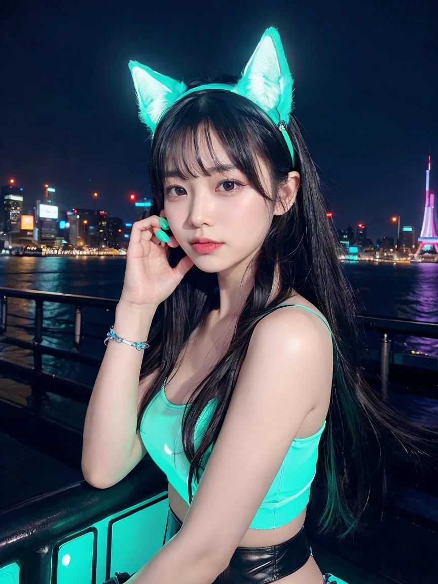 最high quality, masterpiece, 32k、Super detailed、realistic、1 girl, japanese woman、cute face, (photo actual:1.3), edge lighting, (high detail skin:1.2), 8K超High resolution, Single-lens reflex camera, high quality, High resolution, 4k, 8K, Optimal ratio of 4 fingers to 1 thumb, (actual:1.3), Green and blue neon cat ears headband、cute 1 girl, realistic、Super realistic、32k、Super detailed、masterpiece, 最high quality, beautiful girl, beauty、small breasts, Mecha, beautiful lighting, (neon light:1.2), (night:1.5), Cyberpunk Costume、sitting,Cyber Neon、future city、Skyscraper、City night、Shanghai、big city、night scene、Beautiful night scene