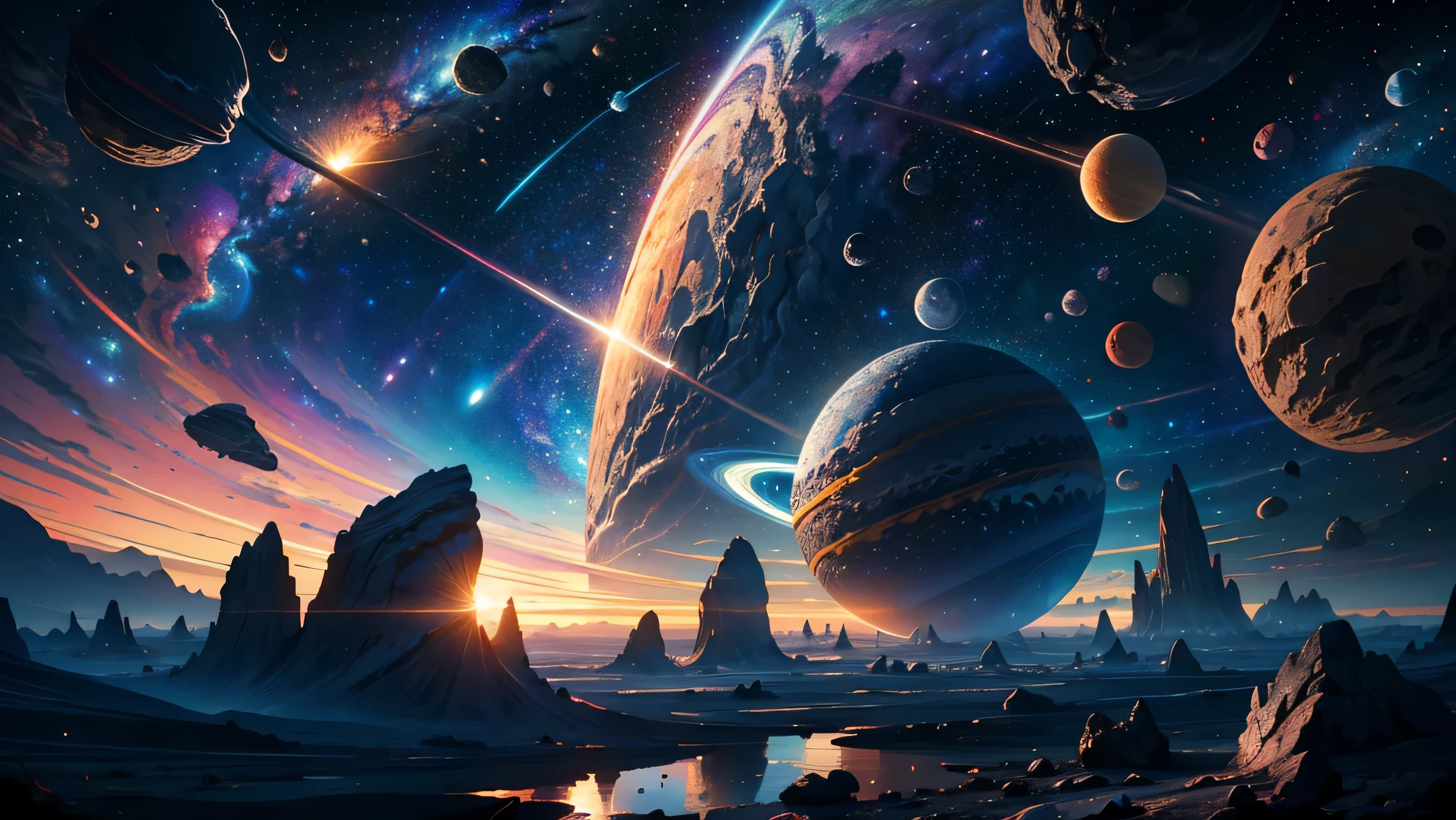(masterpiece), best quality, a strange planet with a asteroids tape, terrestrial planet,asteroids tape, asteroids, cosmic mick, kosmok, Deep space, Star, rich and colorful, lifelike, 4k, extremely good, complex, detailed, suffocating, galaxy, solar system, epic, huge, photorealistic, 8K