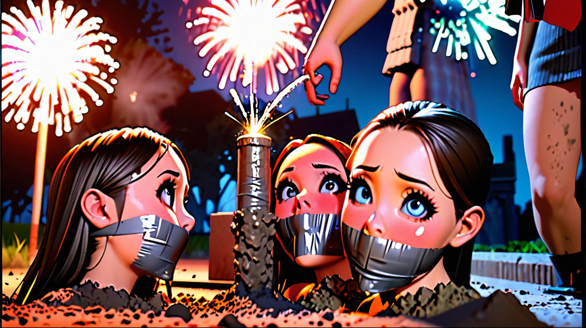 score_9, score_8_up, score_7_up, best quality, masterpiece, 3d illustration, 3girls, 19yo bimbos, terrified, ((buried up to their necks in the dirt)), tape gag, tape gagged, girls watch watch in horror as a man lights a huge fountain firework inches from their face, highly detailed,