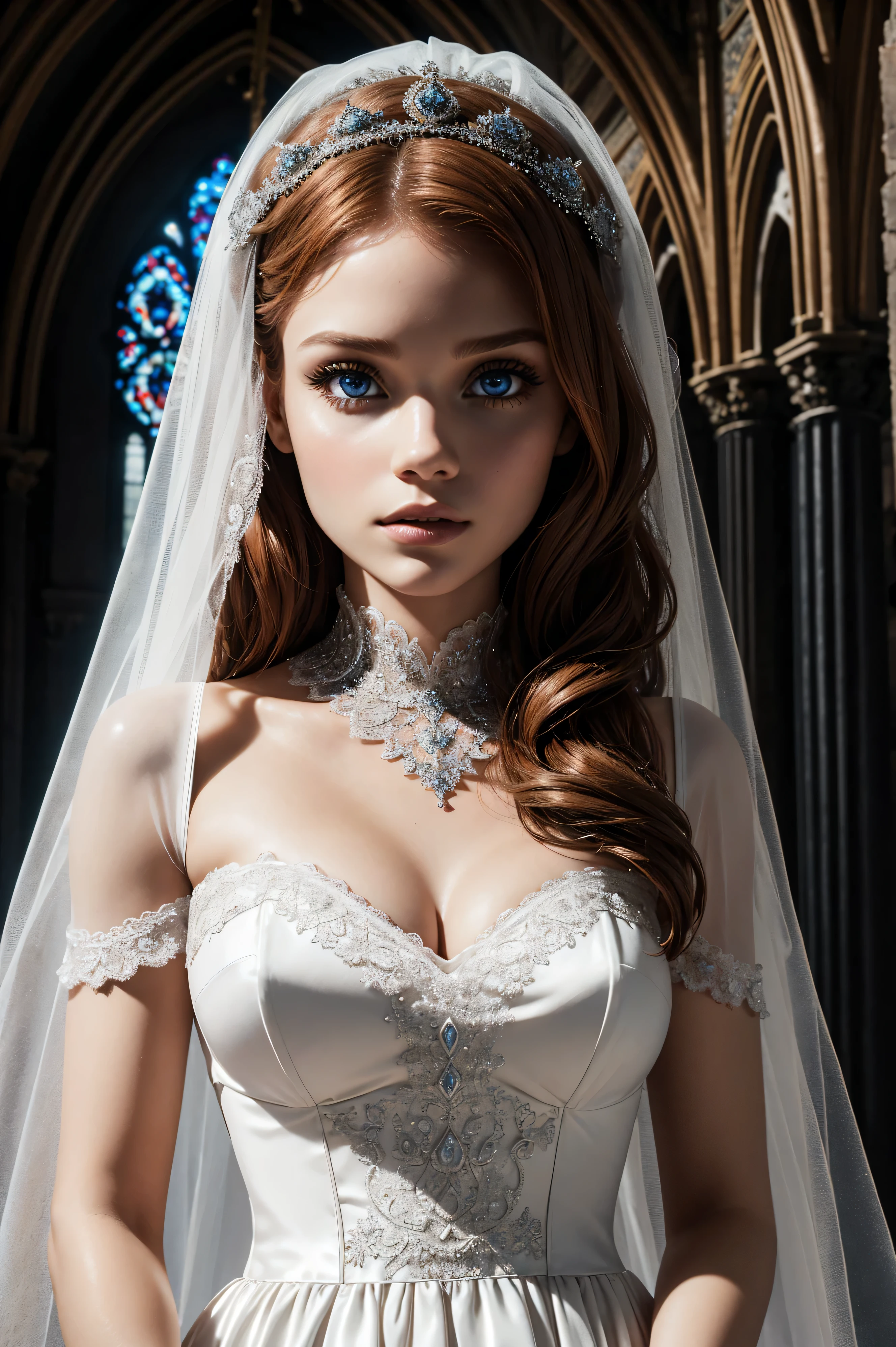 (masterpiece), Highest quality, Highest quality, Highly detailed CG Unity 8k wallpaper, original, High resolution, (Depth of written boundary: 1.5), Faithfulness: 1.3, chest, bride portrait style, 1 Girl, curtain, Veil , bridal Veil, Wedding dress, curtain, jewelry, alone, Earrings, teeth, bride, Blonde、White women、smile