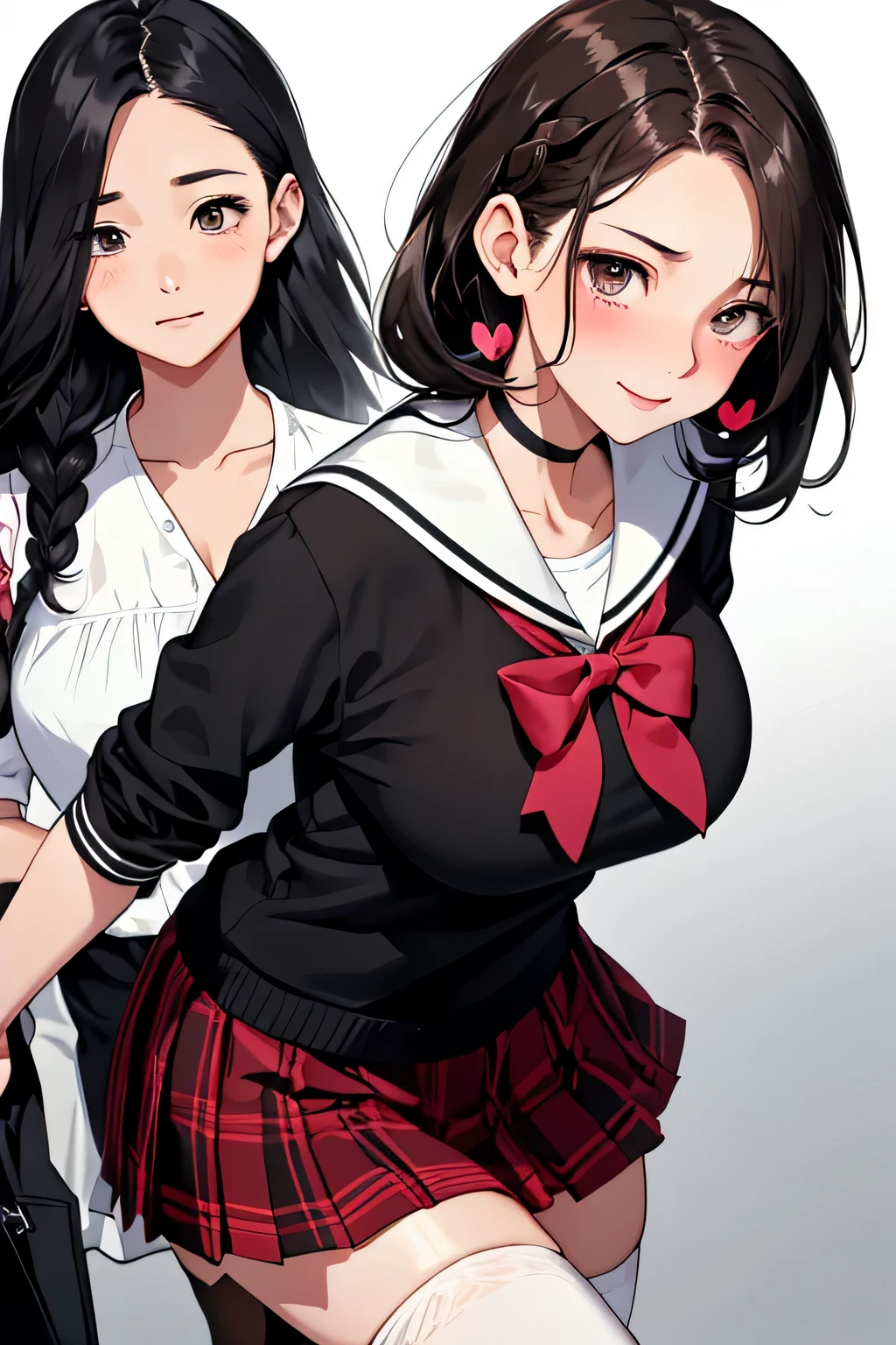 (highest quality:1.4)、High resolution、Detailed Background、(Detailed beautiful face:1.4)、Anatomically correct、(Depict the normal number of fingers:1.2)、(Detailed facial expressions)、Realistic、Beautiful, smooth skin、Teenage beauty、(Two women)、(Huge breasts:1.2)、Black Hair、brown hair、braided bob、braided ponytail、braided long、Emphasis on feminine silhouette、Zoom in on upper body only、Cowboy Shot、cute、Emphasise the absolute territory、Accentuate your cleavage、Amusement park date、

(Two beautiful girls looking at me with excited expressions:1.5)

Faster heart rate and breathing、Face and body turn red、Body tension and trembling、
Maximum sexual arousal、Moisture occurs、Very fast heart rate and breathing、
Increased physical arousal due to excitement、Your face and body become very red、Sweating and physical tension、
Thoughts are completely sexually focused、Strong sexual desire、Seeking physical contact or sexual activity、
Cute sailor suit made of sheer material、White sailor collar、plaid pleated mini skirt、White knee-high socks、black knee high socks、cute