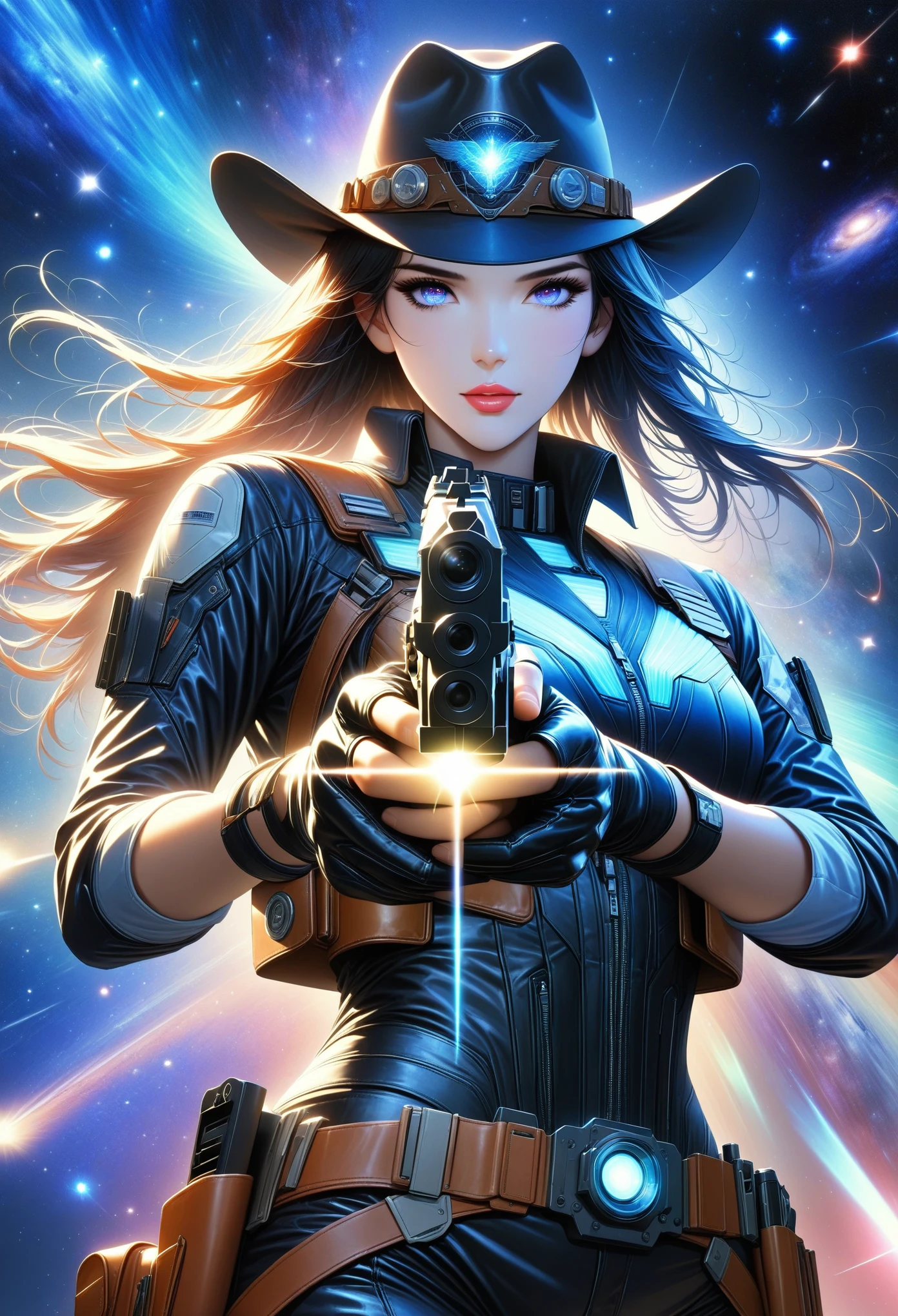 (best quality,4k,8k,highres,masterpiece:1.2),ultra-detailed,realistic,galaxy,interstellar,1man，handome face,detailed eyes,detailed lips,cowboy aviation outfit,cowboy hat,technological clothing,light-emitting outfit.(((Hold a gun in both hands，aim)))，Correct human anatomy