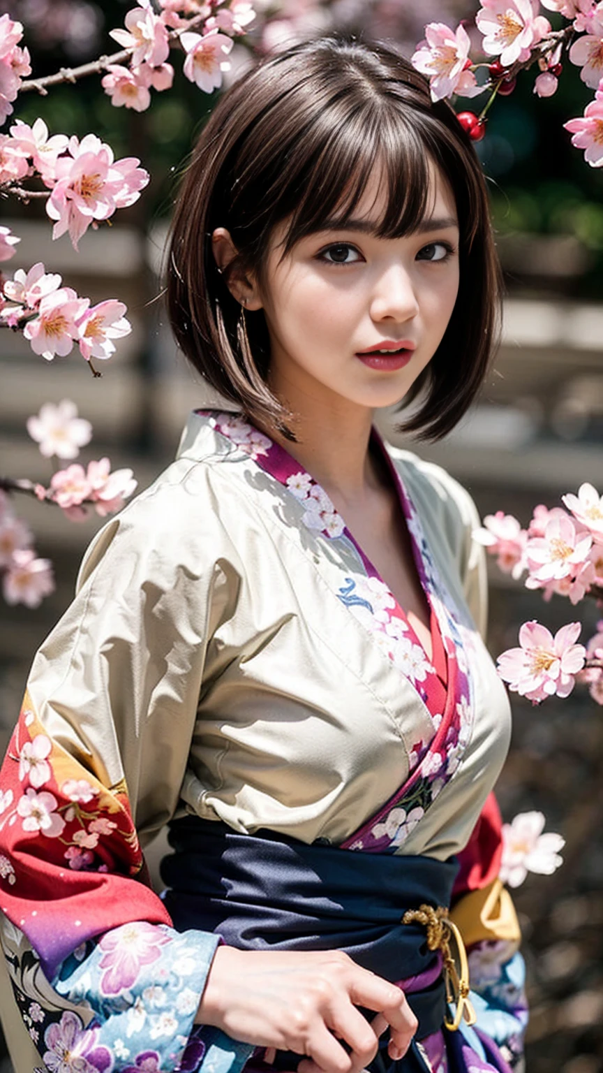 ((elaborate costume:1.6),(Traditional kimono with colorful and shiny luxury Japan:1.4),(Luxury Japanese kimono:1.4,pale and coloured Japanese kimono ,detailed embroidery:1.4)),((falling cherry blossoms:1.6)),(((Cherry blossom row),((Cherry blossom petals dance, cherry blossom blizzard)),((Super detailed scene background))),BREAK , 1 girl, solo, show skin, extremely beautiful lady hands on hips,(looking at viewer:1.2), busty, BREAK ,intricate details,naughty, slutty, perfect hands, detailed hands, perfect eyes, detailed eyes,(serious:1.1),(gyaru:1.2), (tanned skin:1.1), (dynamic pose) ,BREAK ,(gradient ash brown colored hair:1.4), (flipped hair:1.3), (pixie cut:1.3), (streaked hair:1.2),(blunt bangs),Long narrow eyes, nasally face ,A nicely protruding chin ,(High nose),((Long bangs:1.3)),(wind:1.45), realistic, HDR, UHD, dynamic,(colorful:1.3) , blooming light effect,