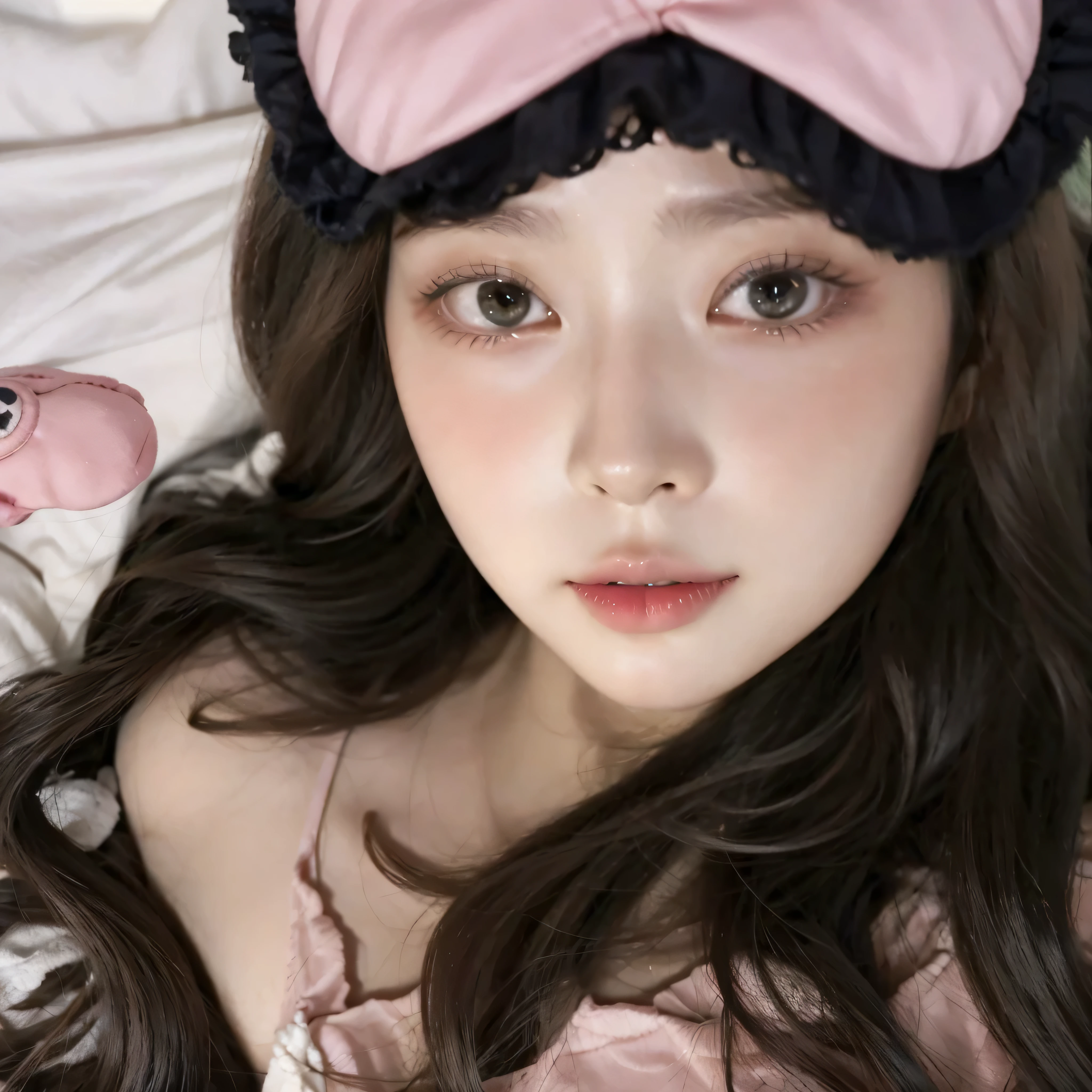 There is a woman with black hair and green eyes wearing a pink mask lying on the bed in a nightgown of the same color...., sexy, ulzzang, kim minju, pale korean adorable face, De*uno