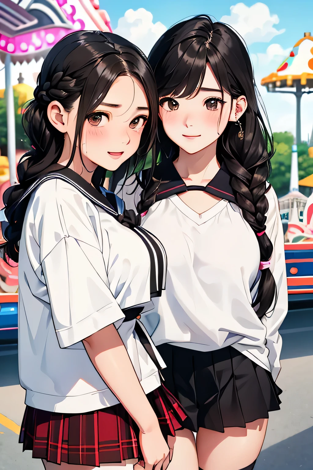 (highest quality:1.4)、High resolution、Detailed Background、(Detailed beautiful face:1.4)、Anatomically correct、(Depict the normal number of fingers:1.2)、(Detailed facial expressions)、Realistic、Beautiful, smooth skin、age beauty、(Two women)、(Huge breasts:1.2)、Black Hair、brown hair、braided bob、braided ponytail、braided long、Emphasis on feminine silhouette、Zoom in on upper body only、Cowboy Shot、cute、Emphasise the absolute territory、Accentuate your cleavage、
(Two beautiful girls looking at you with excited expressions at an amusement park:1.5)
Faster heart rate and breathing、Face and body turn red、Body tension and trembling、
Maximum sexual arousal、Moisture occurs、Very fast heart rate and breathing、
Increased physical arousal due to excitement、Your face and body become very red、Sweating and physical tension、
Thoughts are completely sexually focused、Strong sexual desire、Seeking physical contact or sexual activity、
Cute sailor suit made of sheer material、White sailor collar、plaid pleated mini skirt、White knee-high socks、black knee high socks、cute