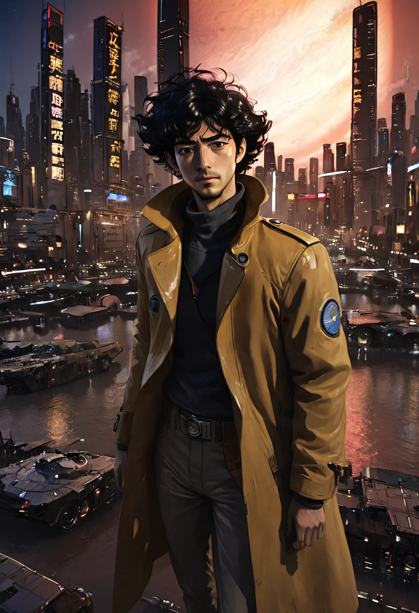 1boy, Spike Spiegel, Cowboy Bebop, brown eyes, smile, black hair, cbbebop, cbbebop spaceship, (best quality,4k,8k,highres,masterpiece:1.2),ultra-detailed,(realistic,photorealistic,photo-realistic:1.37),worn-out,post-apocalyptic,gritty,dark-colored,retro,sci-fi,cyberpunk,anime,neon lights,deserted city,chrome,synthetic materials,weathered leather,sleek spaceships,explosions,looming skyscrapers,vivid colors,futuristic technology,dystopian landscape,moonlit sky,cigarette smoke,detectives in long coats,mystery-filled,elegant jazz music,loneliness and nihilism,pastel colors and sunsets,blurred backgrounds,hard-boiled antiheroes,gritty gunfights,interstellar bounty hunters,dramatic city skylines,stylized visuals of city life,edgy graffiti,expressive facial expressions,action-packed chase scenes,cool and confident characters,retro-futuristic architecture,cinematic camera angles,provocative and thought-provoking compositions