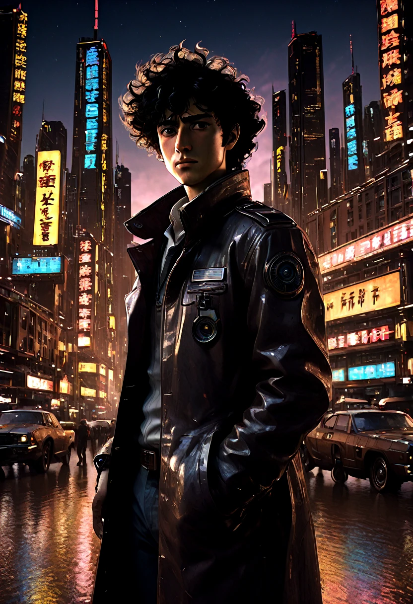 1boy, Spike Spiegel, Cowboy Bebop, brown eyes, smile, black hair, cbbebop, cbbebop spaceship, (best quality,4k,8k,highres,masterpiece:1.2),ultra-detailed,(realistic,photorealistic,photo-realistic:1.37),worn-out,post-apocalyptic,gritty,dark-colored,retro,sci-fi,cyberpunk,anime,neon lights,deserted city,chrome,synthetic materials,weathered leather,sleek spaceships,explosions,looming skyscrapers,vivid colors,futuristic technology,dystopian landscape,moonlit sky,cigarette smoke,detectives in long coats,mystery-filled,elegant jazz music,loneliness and nihilism,pastel colors and sunsets,blurred backgrounds,hard-boiled antiheroes,gritty gunfights,interstellar bounty hunters,dramatic city skylines,stylized visuals of city life,edgy graffiti,expressive facial expressions,action-packed chase scenes,cool and confident characters,retro-futuristic architecture,cinematic camera angles,provocative and thought-provoking compositions