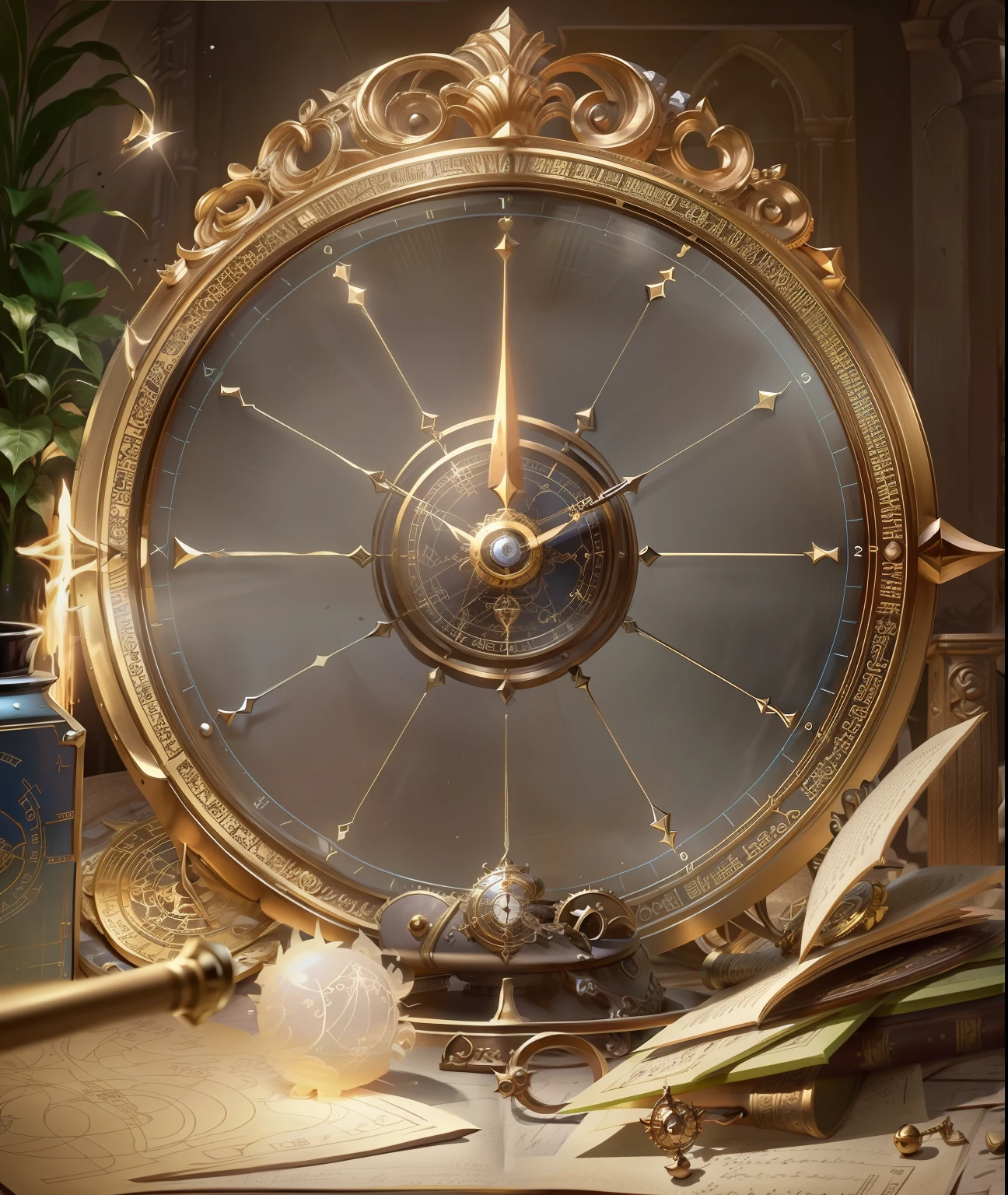 There is a clock and some books on the table, alchemist library background, Astrolabe, Stunning mystery background, 8K HD wallpaper JPEG artifact, 8K HD wallpaper JPEG artifact, Infinite Space Clock Background, Detailed key animation art, ball of time, Official artwork with high detail, Detailed game art, Detailed game art illustration,diablo concept art
