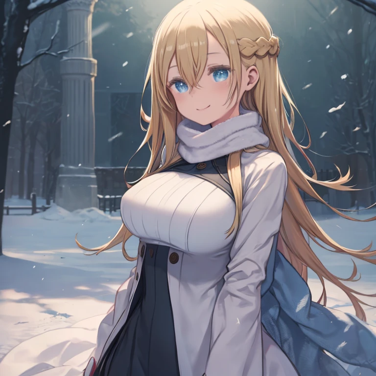 masterpiece, highest quality、Medium wide shot、Cowboy Shot、(mint, blue eyes, braid、Long blonde、Hair between the eyes)、Big Breasts、Huge breasts、winter、Snow Scene、Silver World、winterの服装、coat、Scarf、White Breath、Watching the audience、Smiling、green clothes、outside、屋outside、It&#39;s snowing、Fantasy